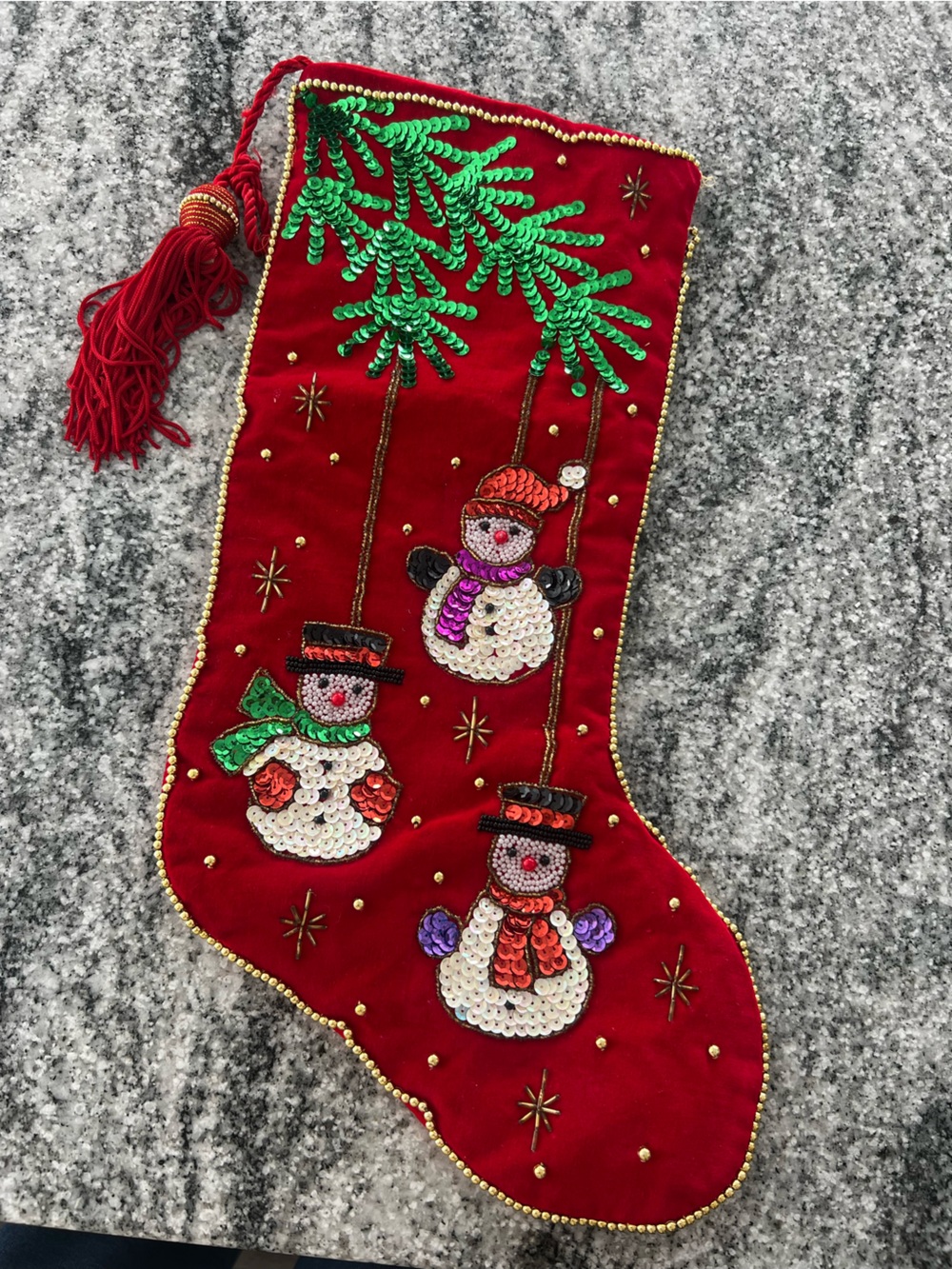 Embellished Red Velvet Christmas Stocking with Sequin Snowmen